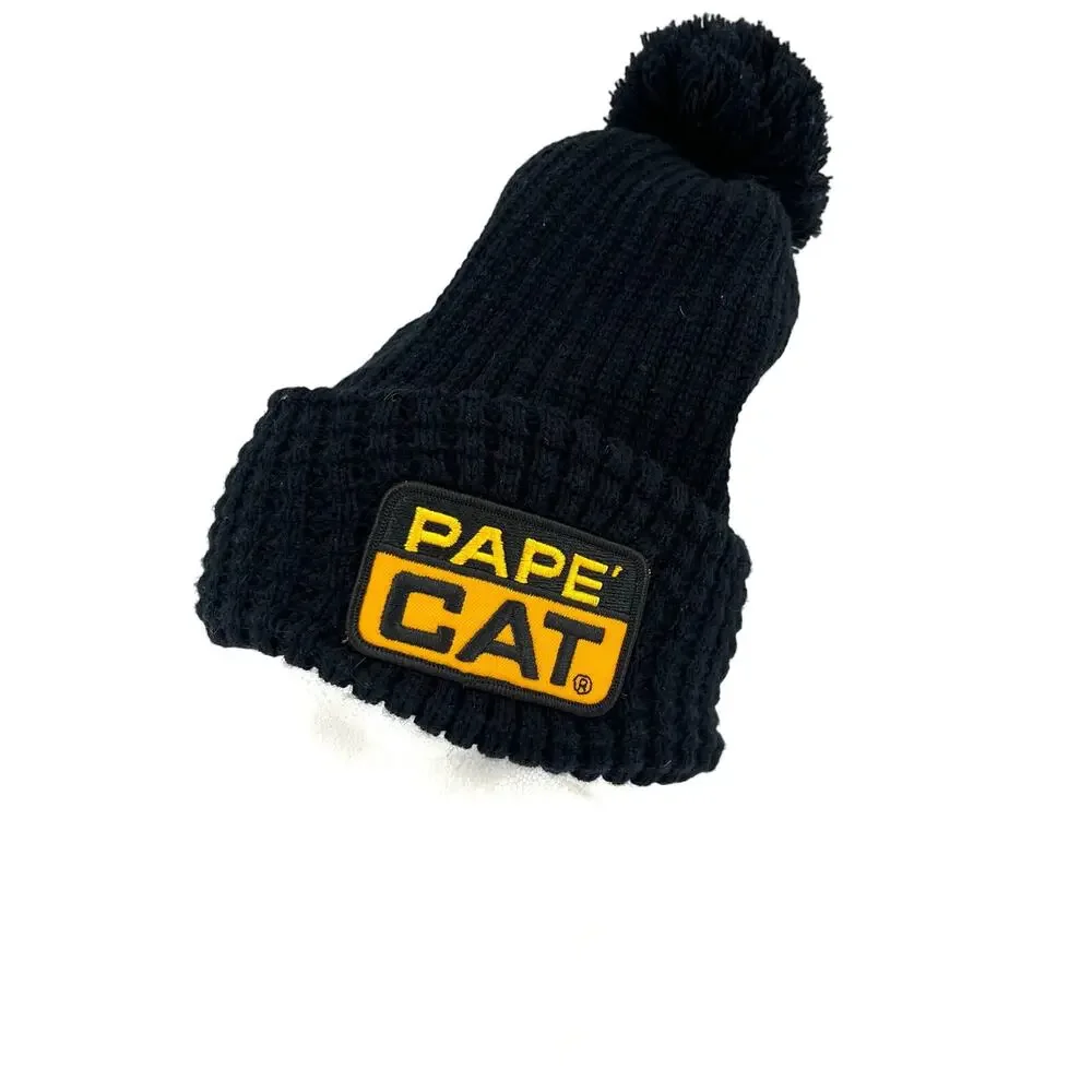 Pape CAT Unisex Black Bobble Winter Ribbed‎ Pom Pom Hat Yellow Logo Beanie